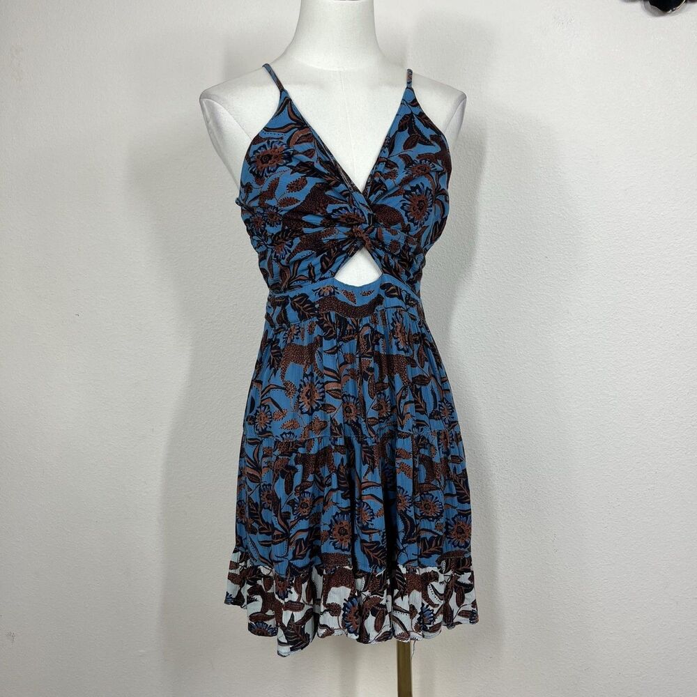 Angie Dress Women Large Blue Floral Cut Out Sundress Fit Flare Boho Ruffle Retro